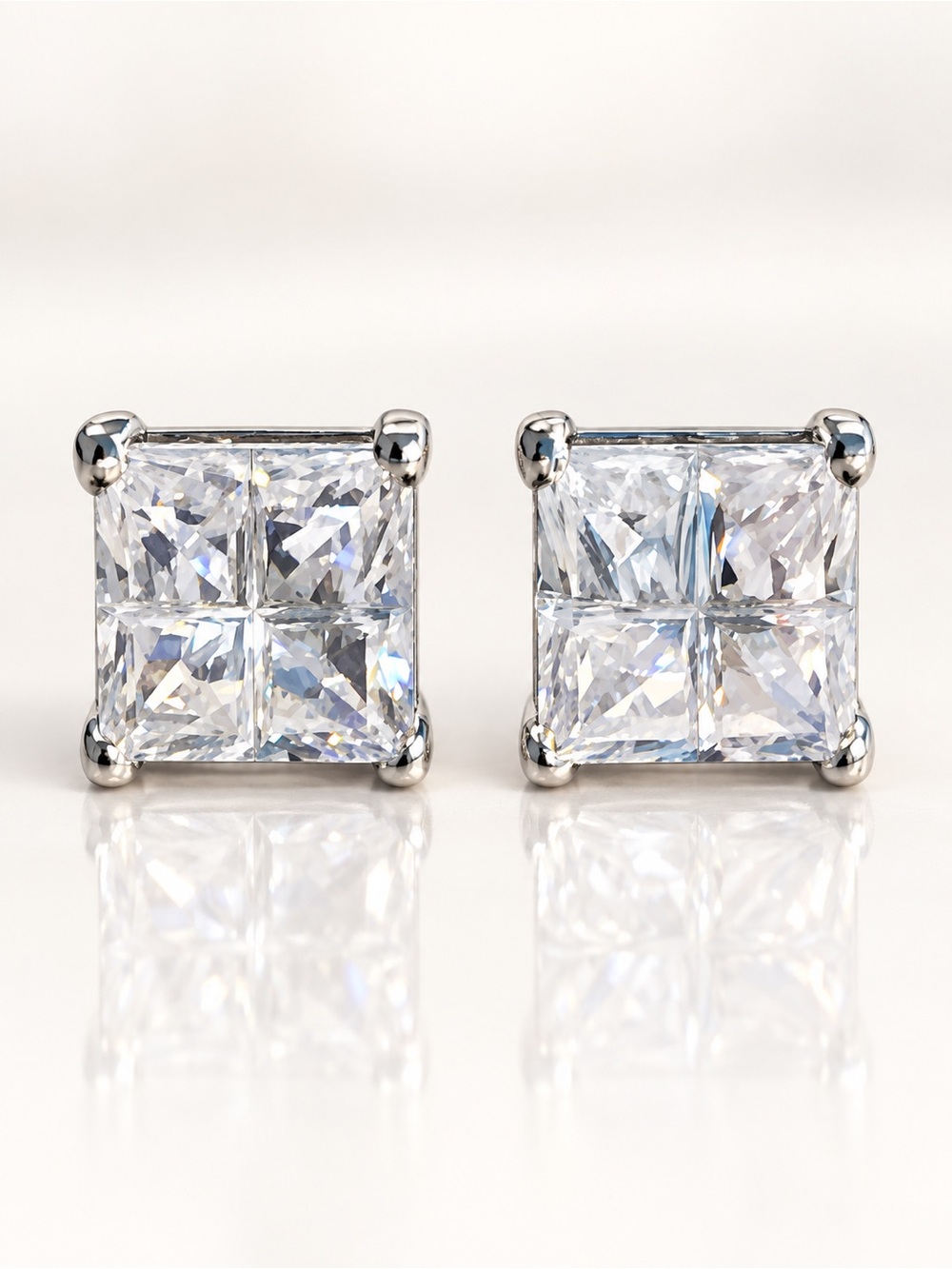 Princess Cut CZ Stud Earrings Silver Unique Panel Etching Design